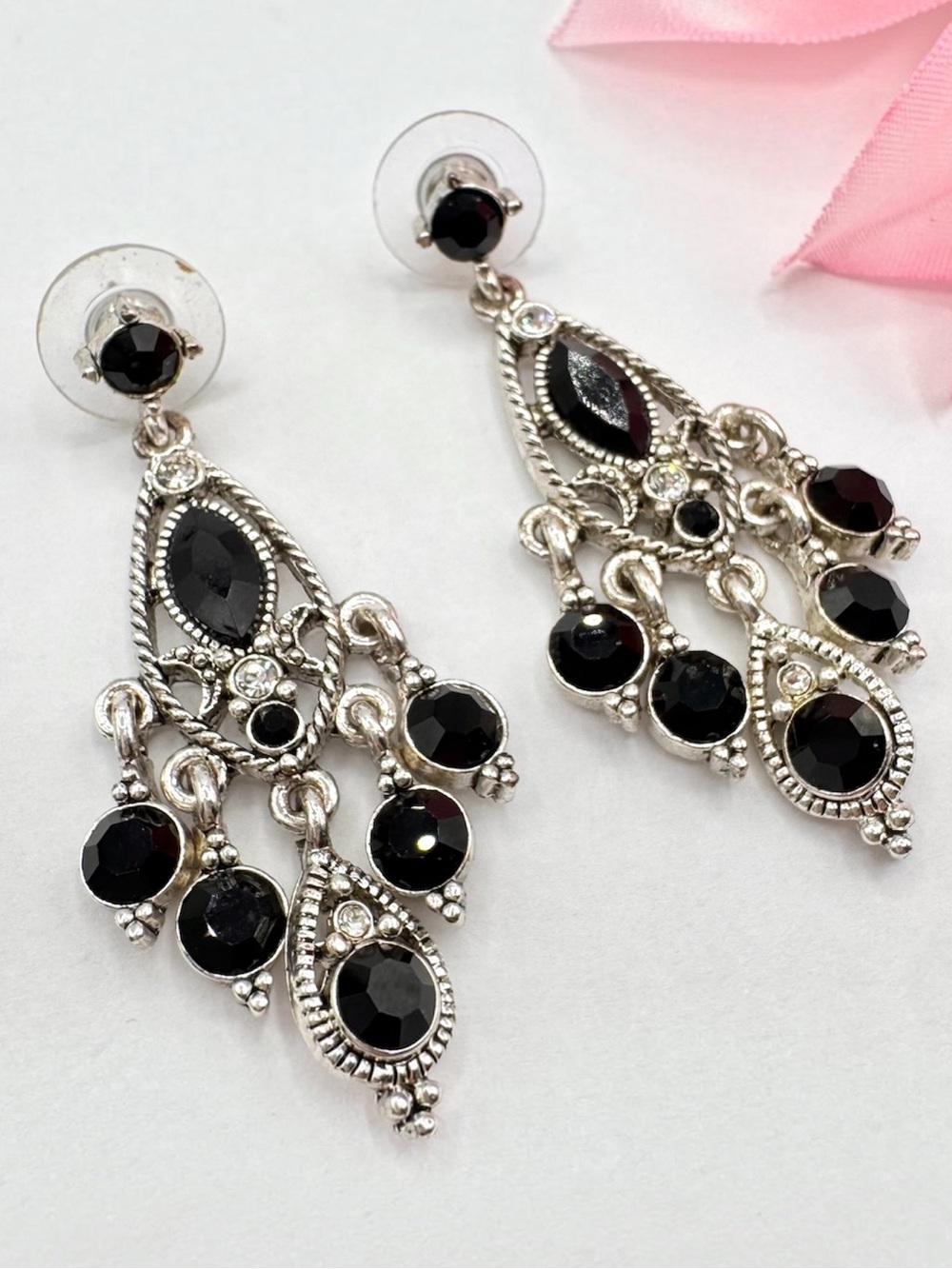 1928 Black Rhinestone Chandelier Earrings Victorian Revival Goth Romantic Gothic